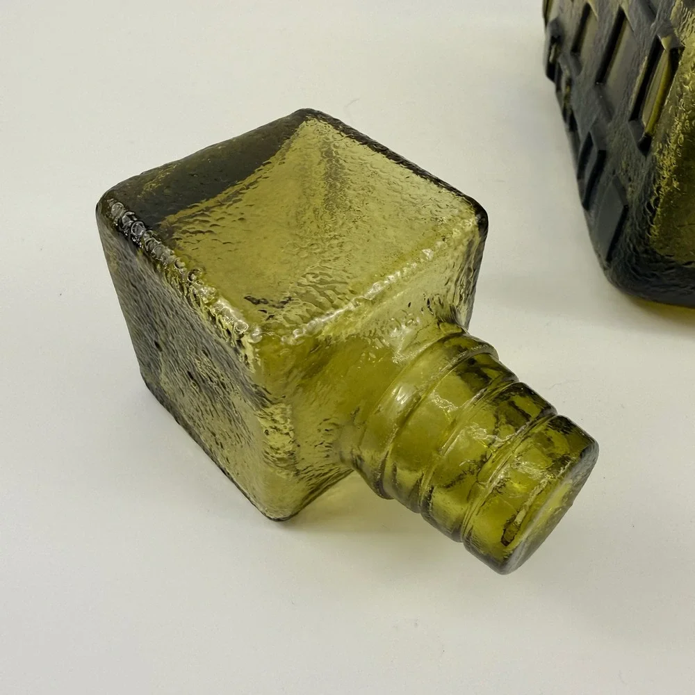 Empoli Brutalist Olive Green Art Glass Decanter Geometric Bottle Italy MCM